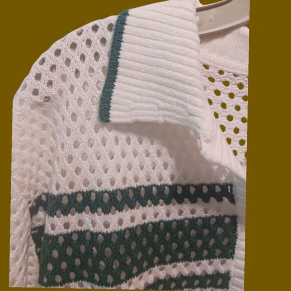 Divided by H&M Womens Mesh Knit Short Sleeve Button-Up size large green & white - Picture 3 of 12